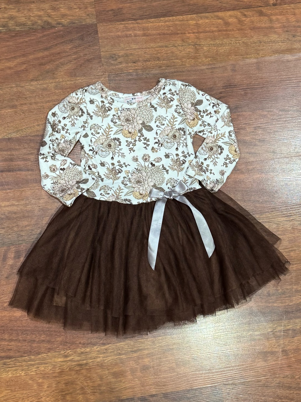 Pete + Lucy - Girls Floral Cream Top with Brown Tulle Skirt Dress